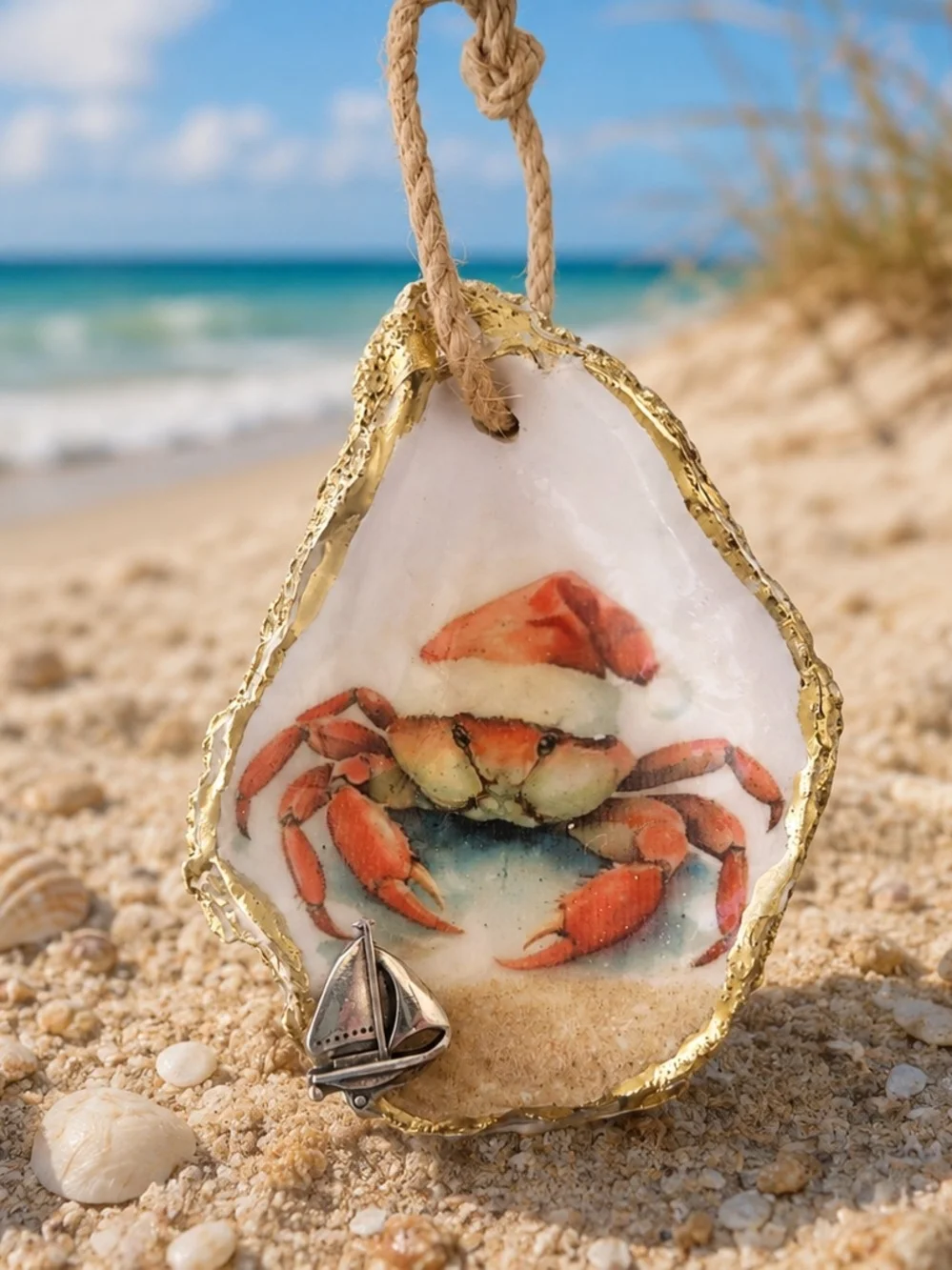 Coastal Crab Shell Ornament with Gold Edge - Holiday Beach Décor